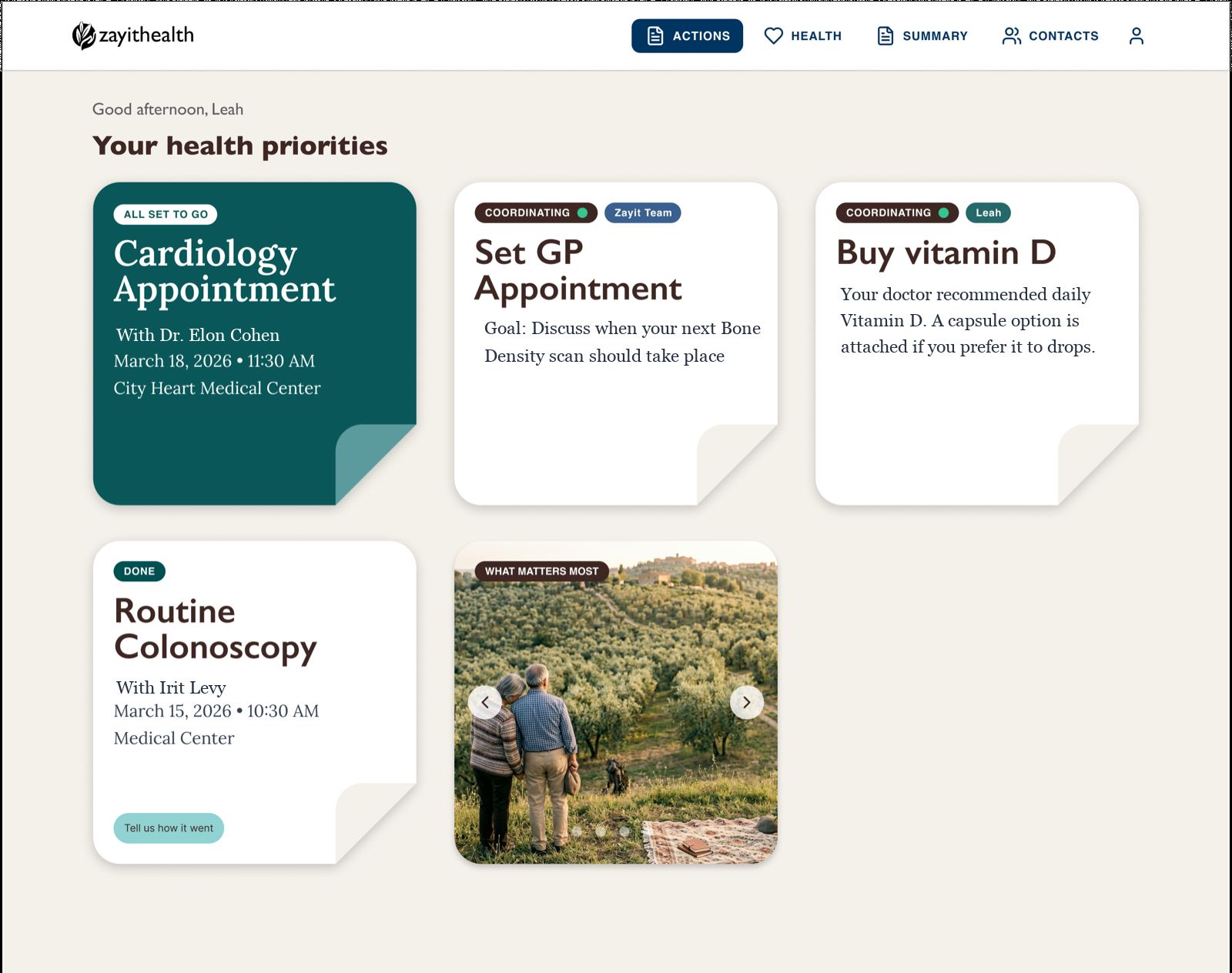 Example of a Zayit Health file showing health priorities, appointments, and actions for a sample member