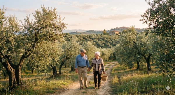 An older couple walking together